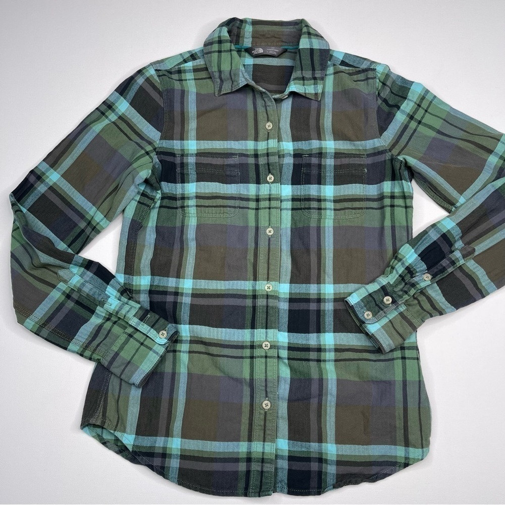 North Face Shirt Top Button Long Sleeve Green Plaid Gorp Outdoor Hiking Office